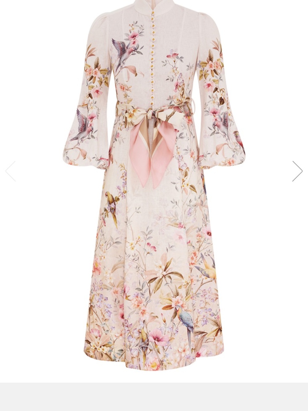 Zimmermann Cream Botanical Midi Dress with Pink Tie